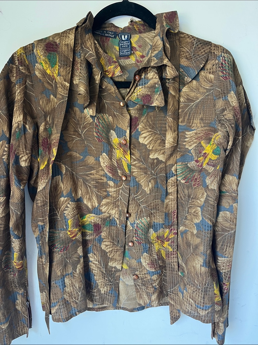 Vintage Emanuel Ungaro Brown Floral-Print Long-Sleeve Blouse with Scarf Tie